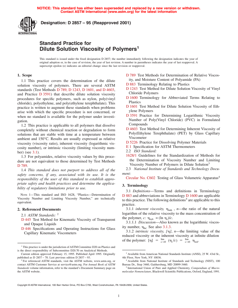 ASTM D2857-95(2001) - Standard Practice for Dilute Solution Viscosity of Polymers