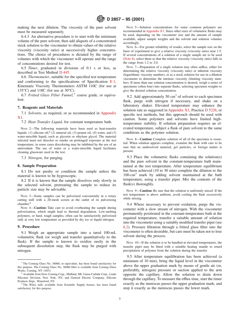 ASTM D2857-95(2001) - Standard Practice for Dilute Solution Viscosity of Polymers