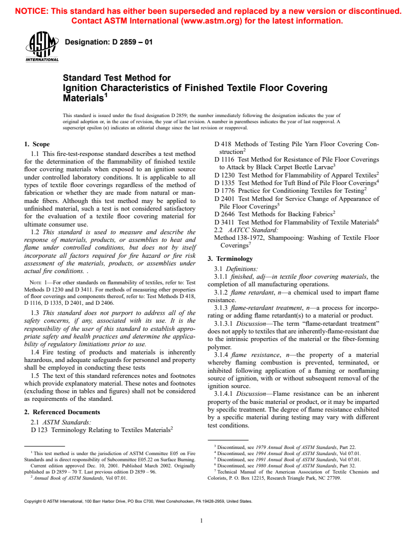 ASTM D2859-01 - Standard Test Method for Ignition Characteristics of Finished Textile Floor Covering Materials