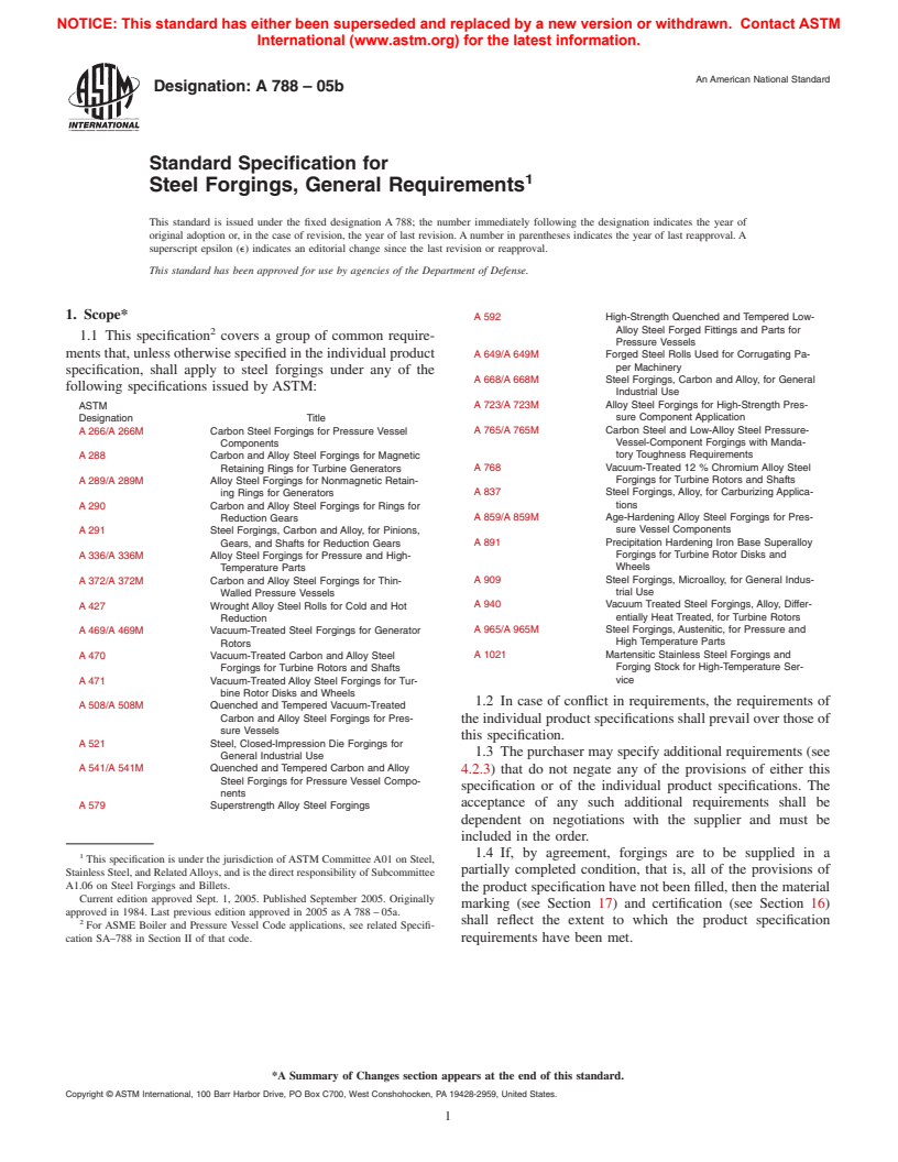 ASTM A788-05b - Standard Specification for Steel Forgings, General Requirements