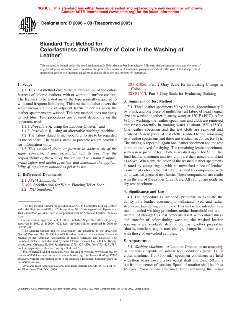 ASTM D2096-00(2005) - Standard Test Method for Colorfastness and Transfer of Color in the Washing of Leather