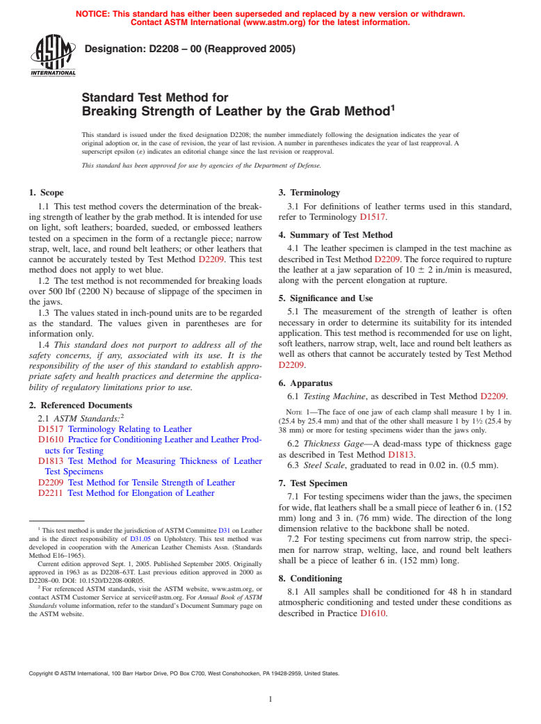 ASTM D2208-00(2005) - Standard Test Method for Breaking Strength of Leather by the Grab Method