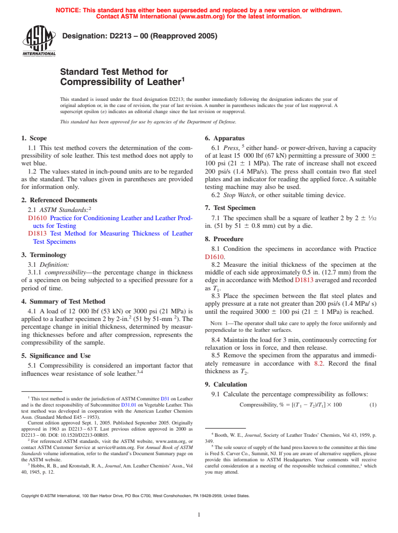 ASTM D2213-00(2005) - Standard Test Method for Compressibility of Leather