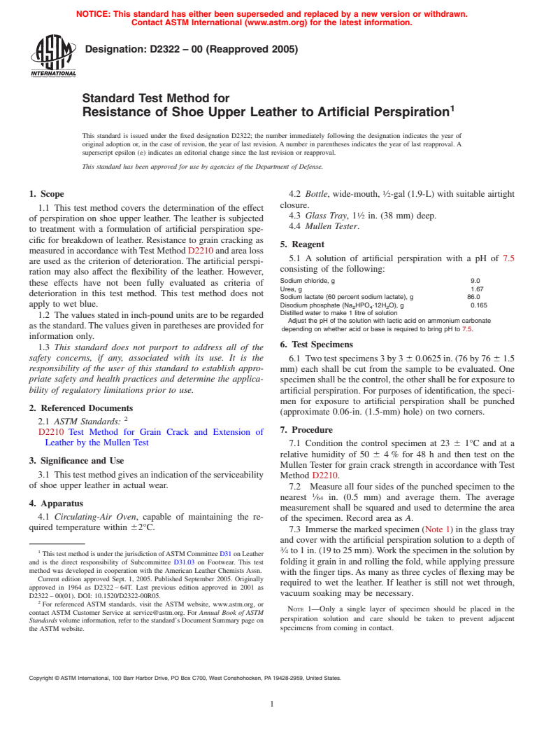 ASTM D2322-00(2005) - Standard Test Method for Resistance of  Shoe Upper Leather to Artificial Perspiration