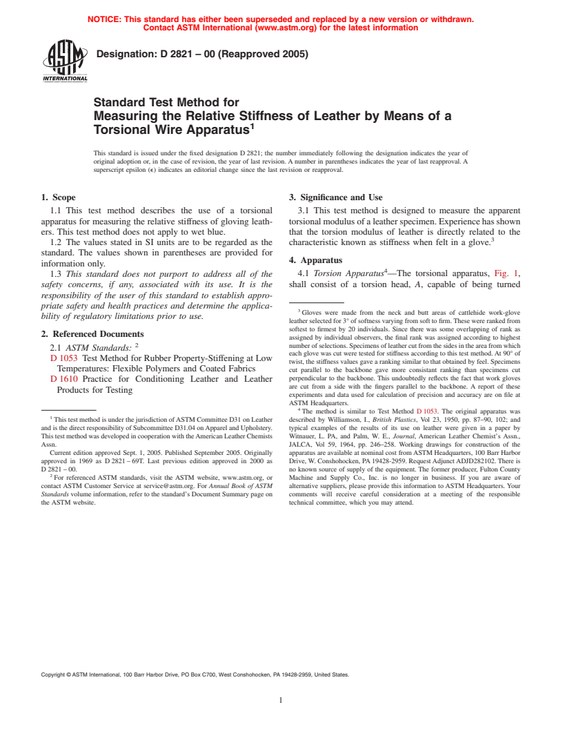 ASTM D2821-00(2005) - Standard Test Method for Measuring the Relative Stiffness of Leather by Means of a Torsional Wire Apparatus