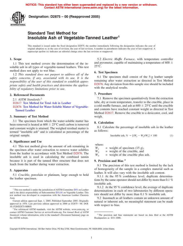 ASTM D2875-00(2005) - Standard Test Method for Insoluble Ash of Vegetable-Tanned Leather