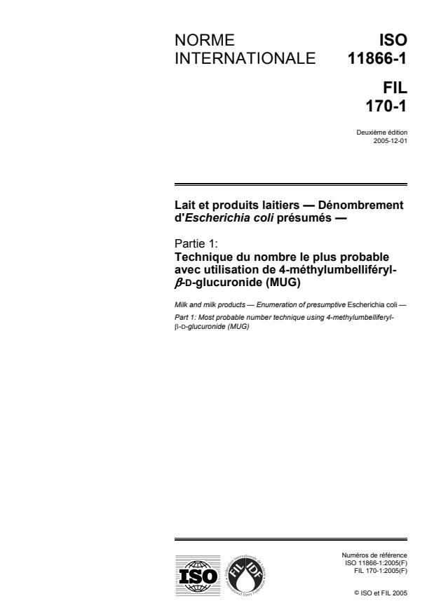 ISO 11866-1:2005 - Lait et produits laitiers -- Dénombrement d'Escherichia coli présumés