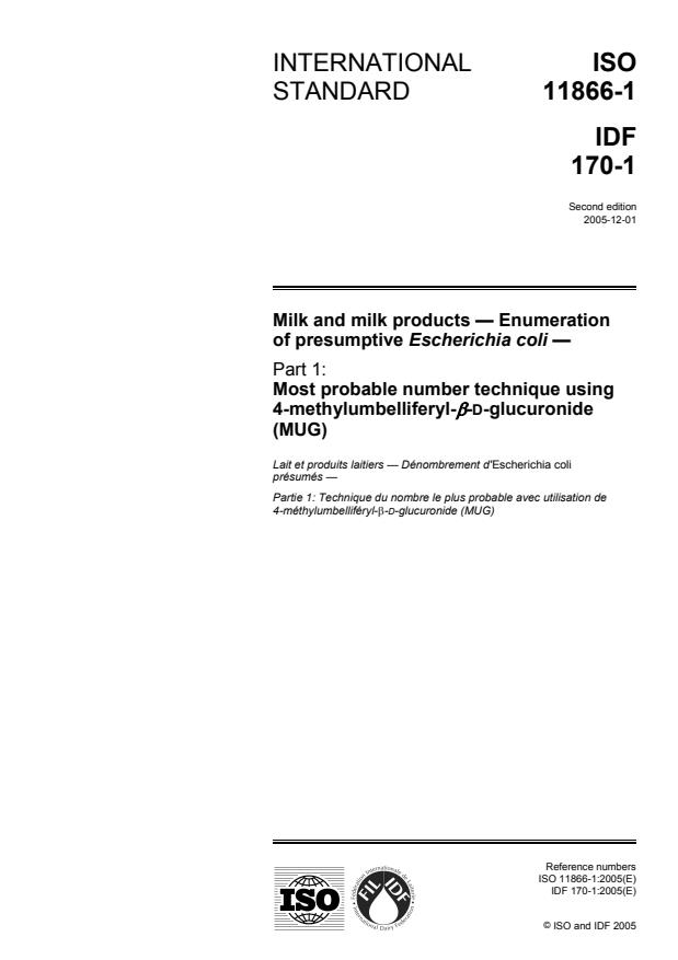 ISO 11866-1:2005 - Milk and milk products -- Enumeration of presumptive Escherichia coli