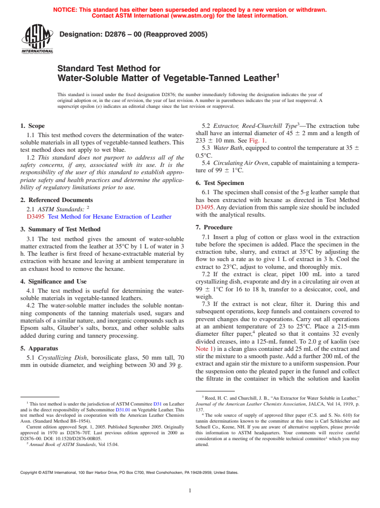 ASTM D2876-00(2005) - Standard Test Method for Water-Soluble Matter of Vegetable-Tanned Leather
