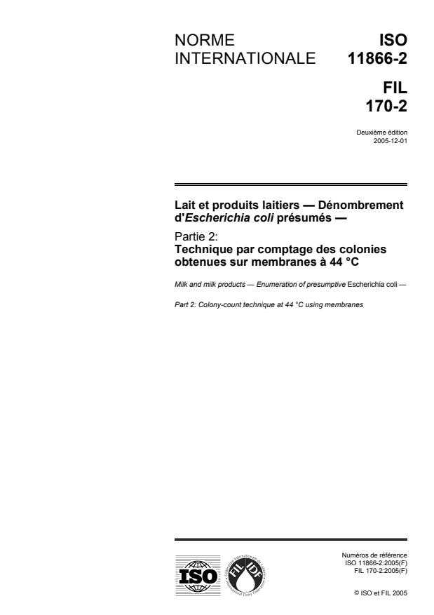 ISO 11866-2:2005 - Lait et produits laitiers -- Dénombrement d'Escherichia coli présumés