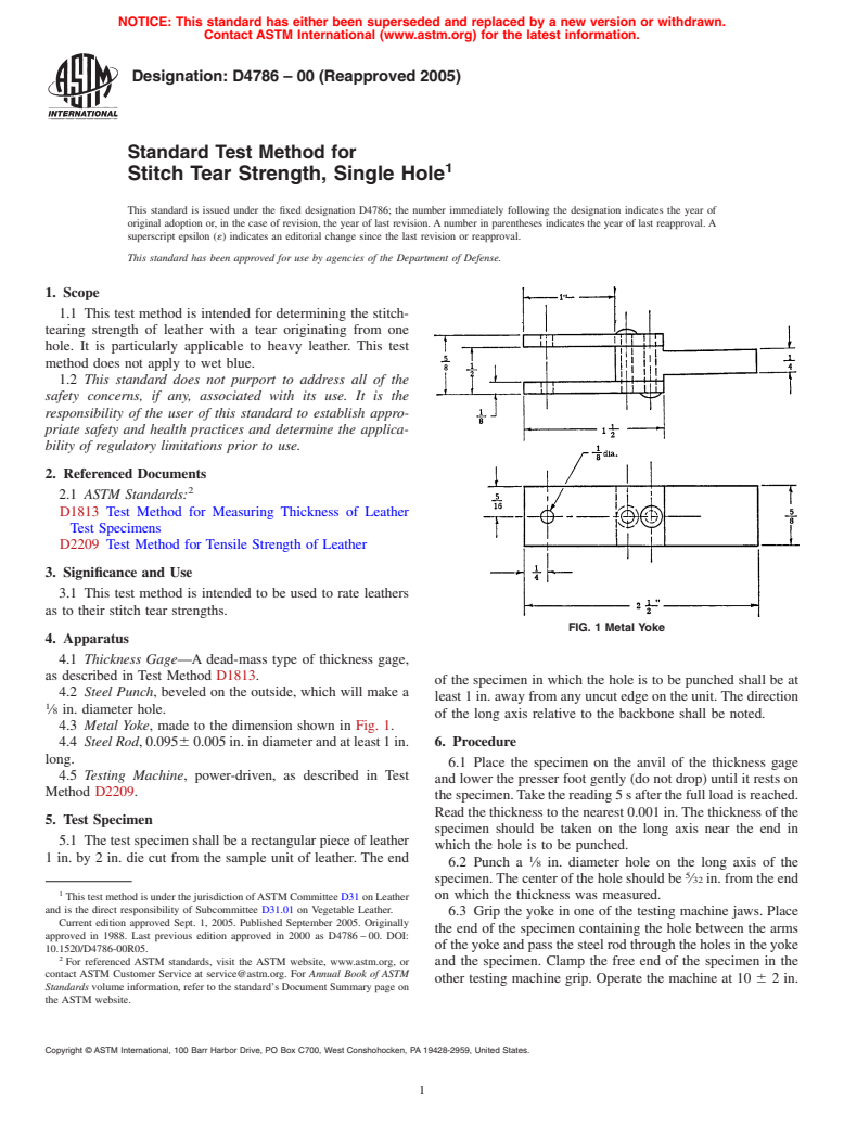 ASTM D4786-00(2005) - Standard Test Method for Stitch Tear Strength, Single Hole