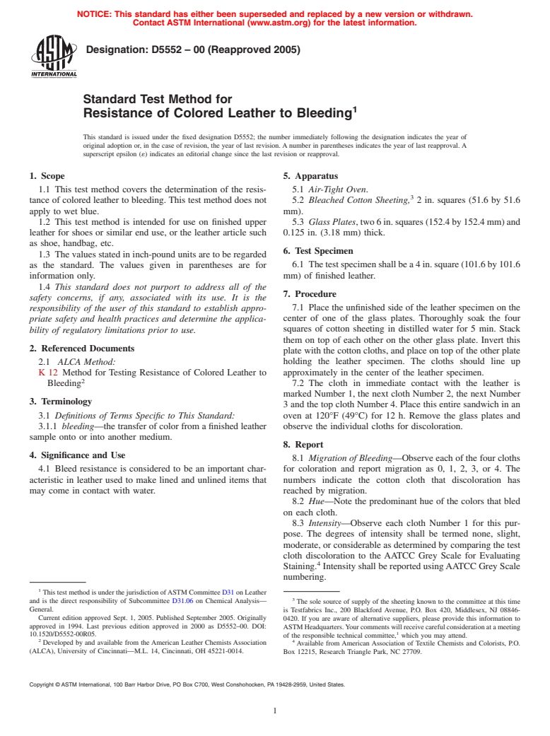 ASTM D5552-00(2005) - Standard Test Method for Resistance of Colored Leather to Bleeding