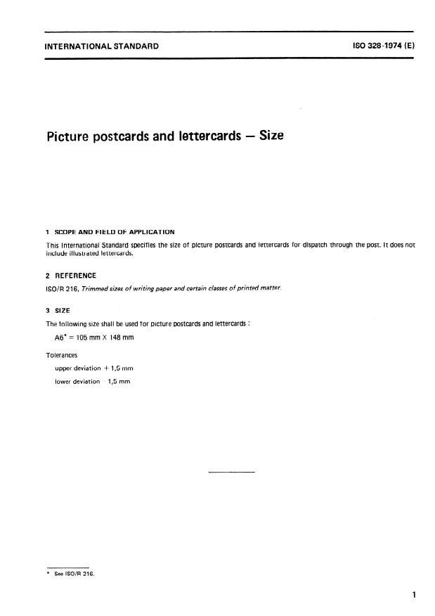 ISO 328:1974 - Picture postcards and lettercards -- Size