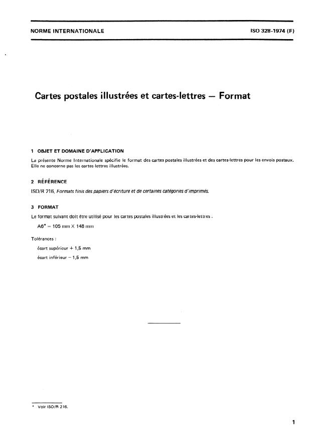 ISO 328:1974 - Cartes postales illustrées et cartes-lettres -- Format