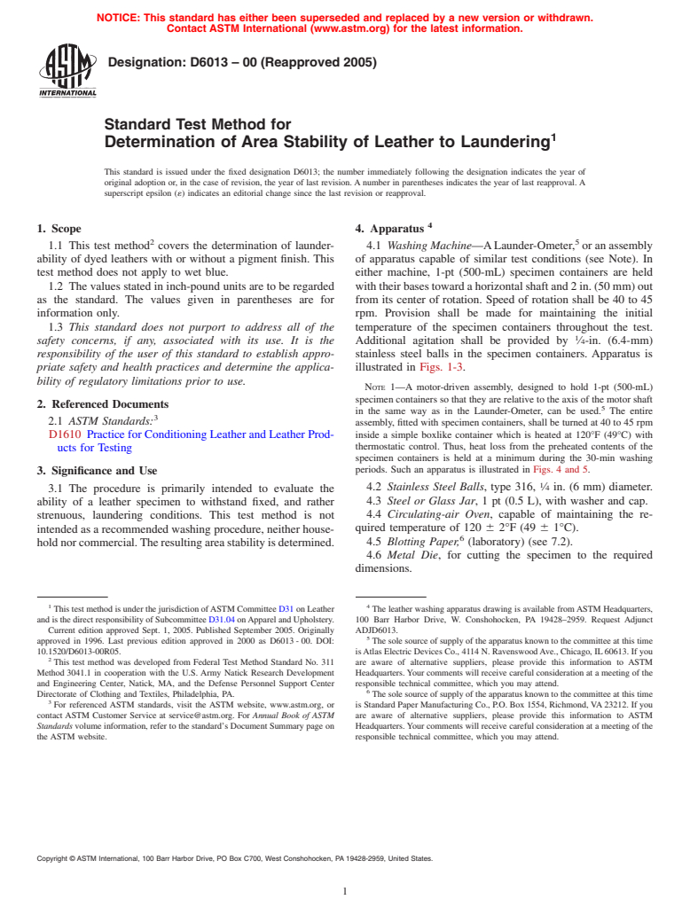 ASTM D6013-00(2005) - Standard Test Method for Determination of Area Stability of Leather to Laundering