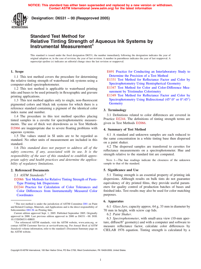 ASTM D6531-00(2005) - Standard Test Method for Relative Tinting Strength of Aqueous Ink Systems by Instrumental Measurement