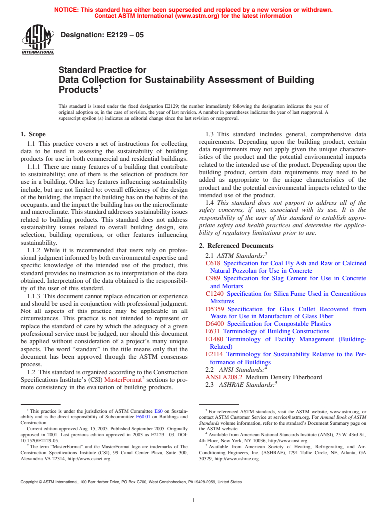 ASTM E2129-05 - Standard Practice for Data Collection for Sustainability Assessment of Building Products