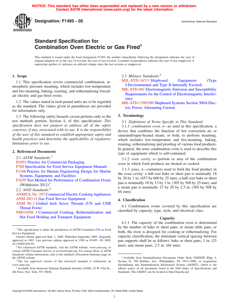 ASTM F1495-05 - Standard Specification for Combination Oven Electric or Gas Fired