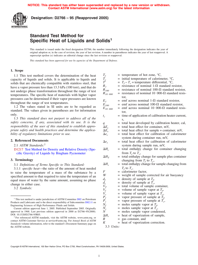 ASTM D2766-95(2005) - Standard Test Method for Specific Heat of Liquids and Solids