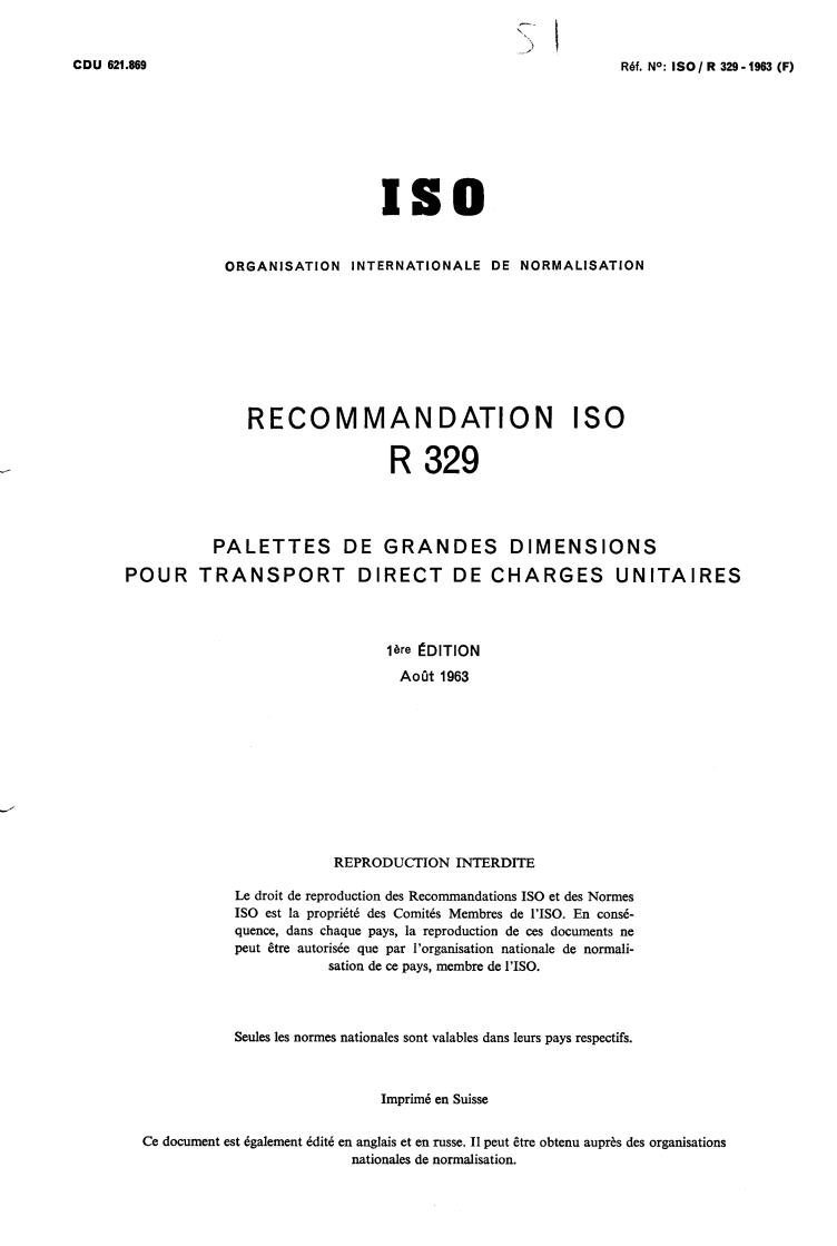 ISO/R 329:1963 - Large pallets for through transit of goods
Released:8/1/1963