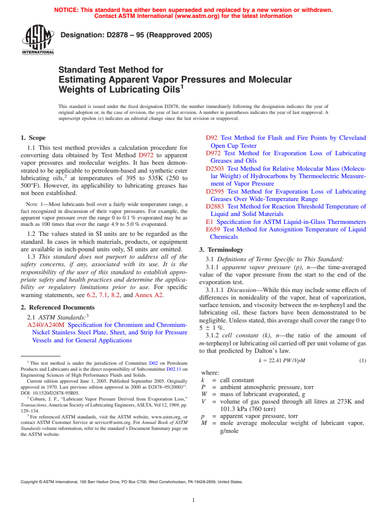 ASTM D2878-95(2005) - Standard Test Method for Estimating Apparent Vapor Pressures and Molecular Weights of Lubricating Oils