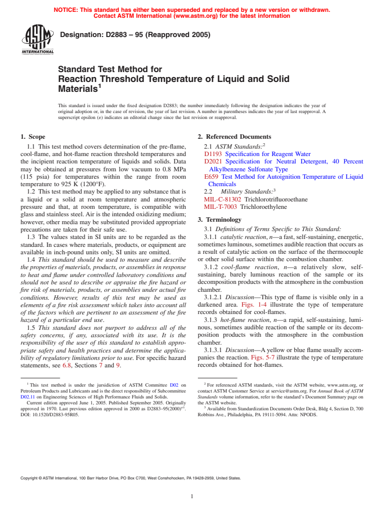 ASTM D2883-95(2005) - Standard Test Method for Reaction Threshold Temperature of Liquid and Solid Materials