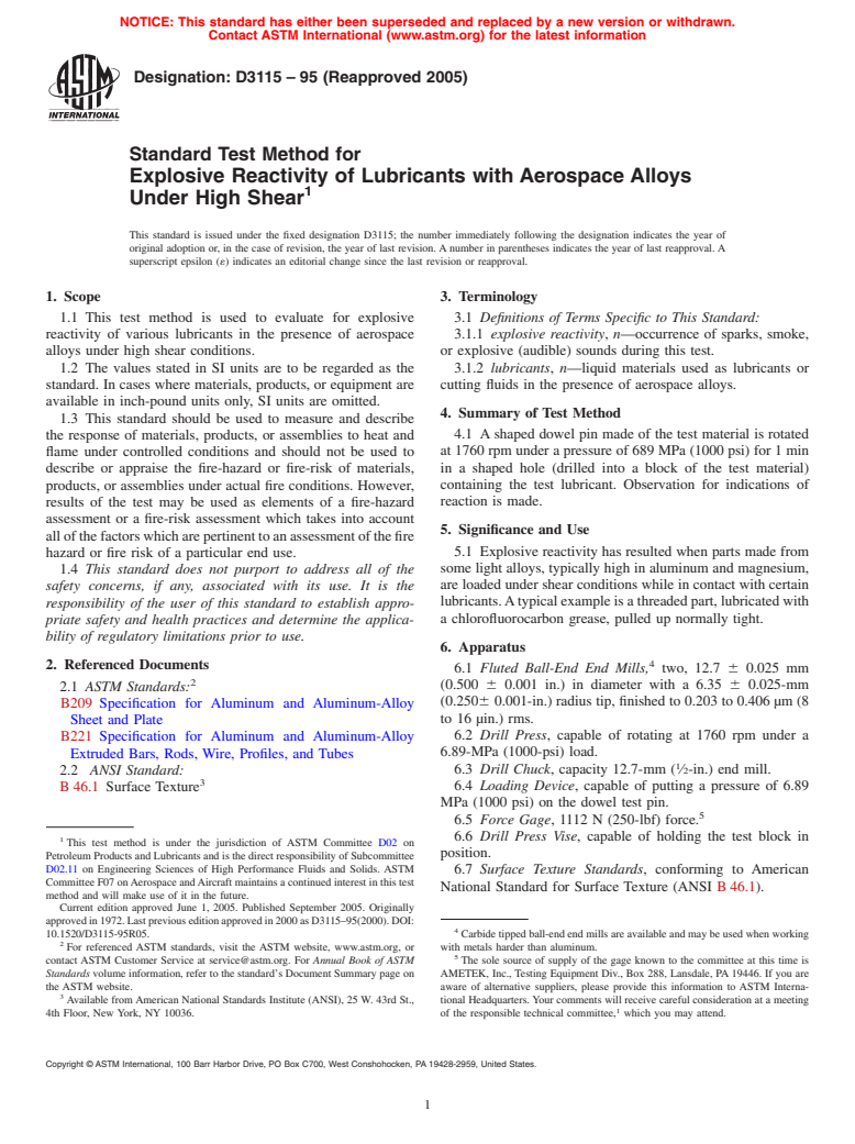 ASTM D3115-95(2005) - Standard Test Method for Explosive Reactivity of Lubricants with Aerospace Alloys Under High Shear