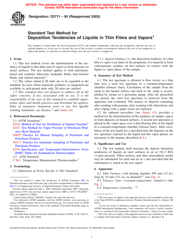 ASTM D3711-95(2005) - Standard Test Method for Deposition Tendencies of Liquids in Thin Films and Vapors