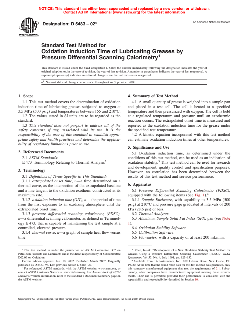 ASTM D5483-02e1 - Standard Test Method for Oxidation Induction Time of Lubricating Greases by Pressure Differential Scanning Calorimetry