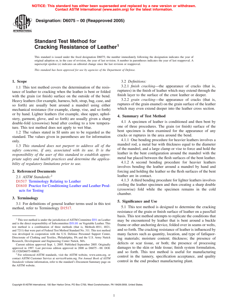 ASTM D6075-00(2005) - Standard Test Method for Cracking Resistance of Leather