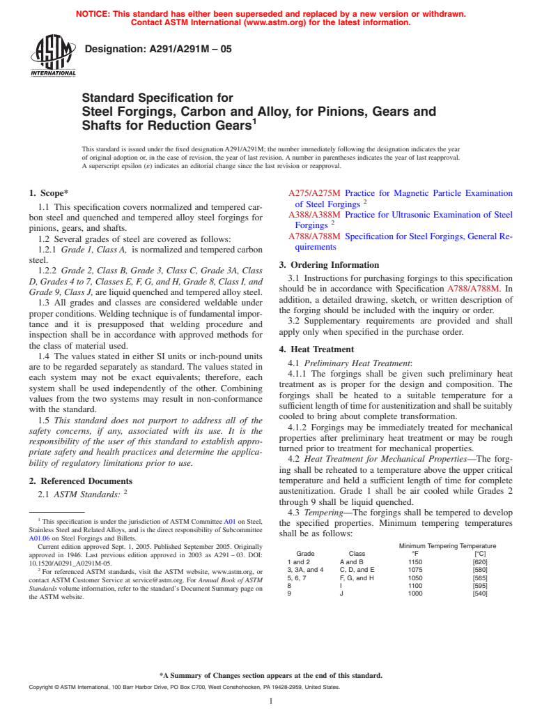 ASTM A291/A291M-05 - Standard Specification for Steel Forgings, Carbon and Alloy, for Pinions, Gears and Shafts for Reduction Gears