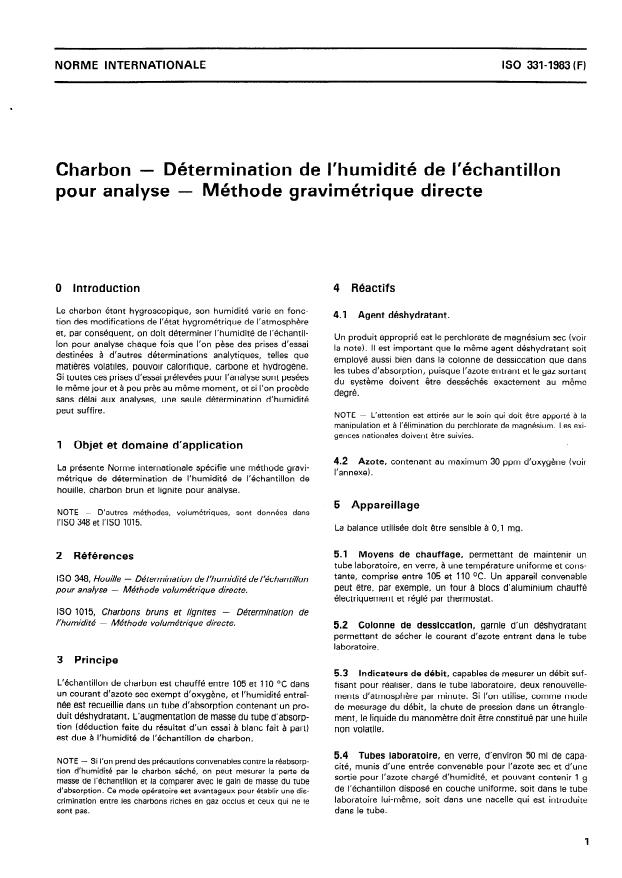 ISO 331:1983 - Charbon -- Détermination de l'humidité de l'échantillon pour analyse -- Méthode gravimétrique directe