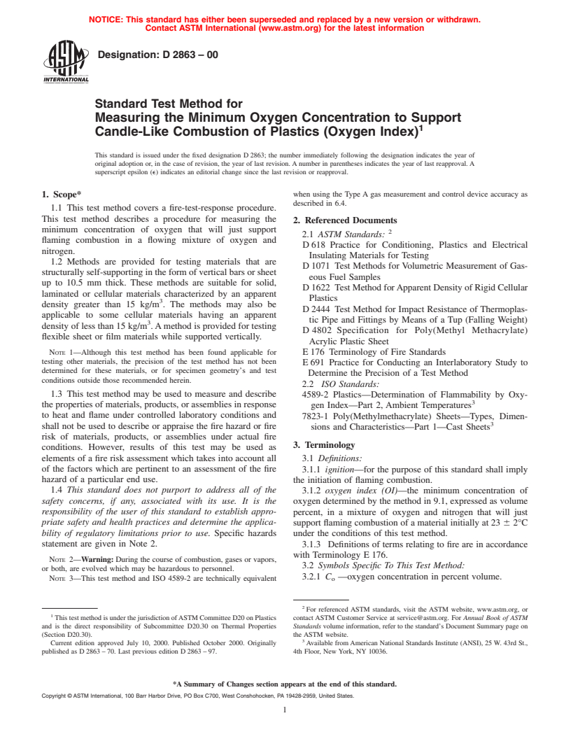 ASTM D2863-00 - Standard Test Method for Measuring the Minimum Oxygen Concentration to Support Candle-Like Combustion of Plastics (Oxygen Index)