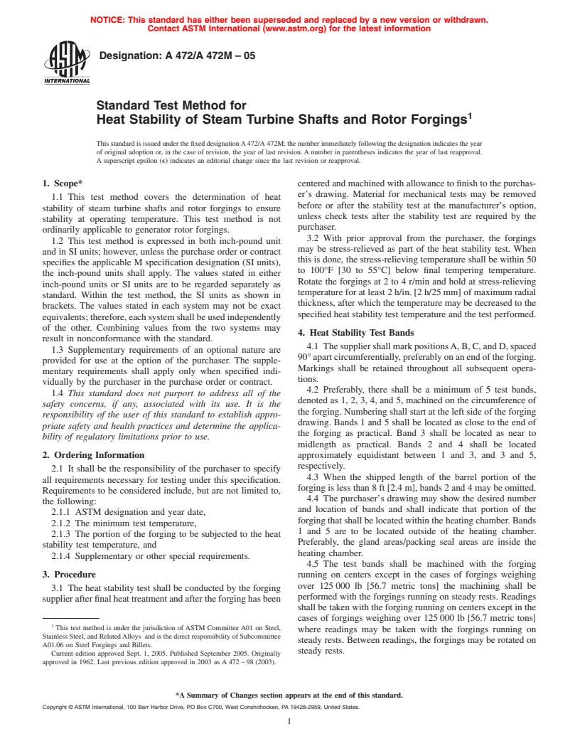 ASTM A472/A472M-05 - Standard Test Method for Heat Stability of Steam Turbine Shafts and Rotor Forgings