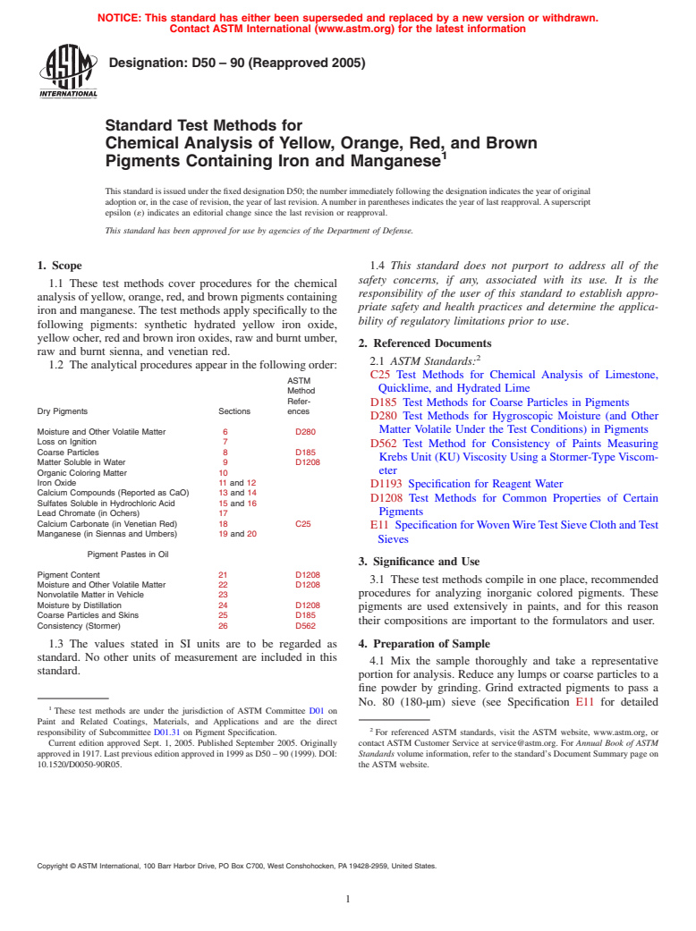 ASTM D50-90(2005) - Standard Test Methods for Chemical Analysis of Yellow, Orange, Red, and Brown Pigments Containing Iron and Manganese