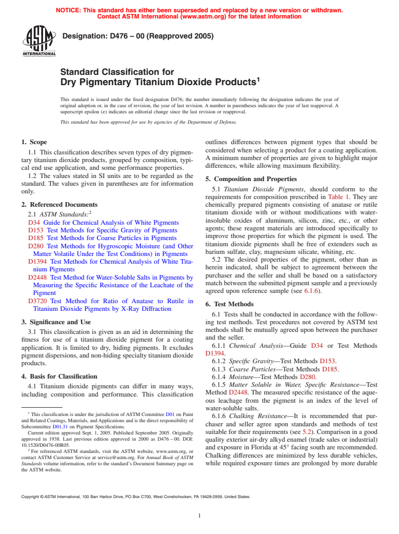 ASTM D476-00(2005) - Standard Classification for Dry Pigmentary Titanium Dioxide Products