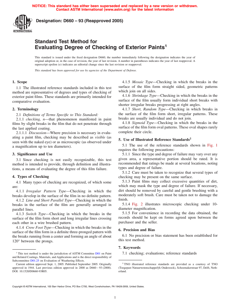 ASTM D660-93(2005) - Standard Test Method for Evaluating Degree of Checking of Exterior Paints