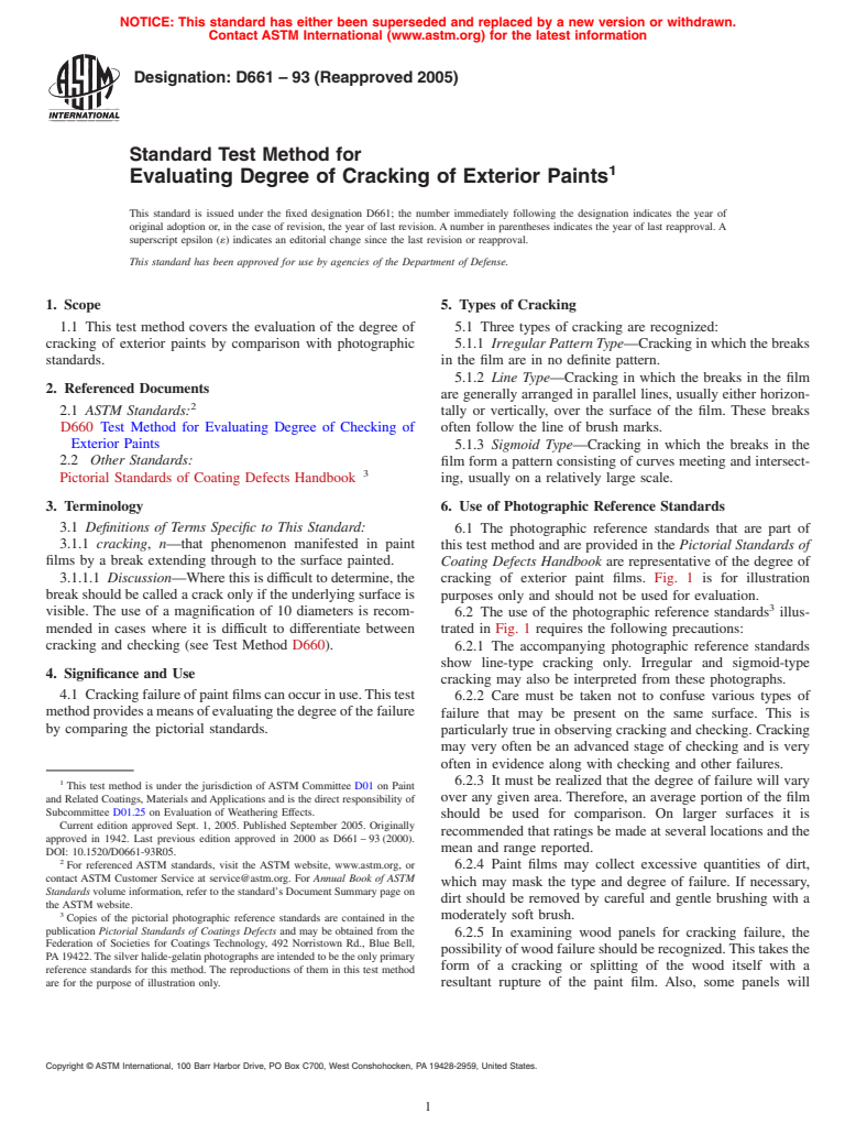 ASTM D661-93(2005) - Standard Test Method for Evaluating Degree of Cracking of Exterior Paints