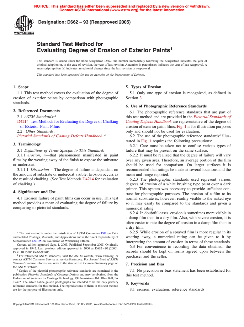 ASTM D662-93(2005) - Standard Test Method for Evaluating Degree of Erosion of Exterior Paints