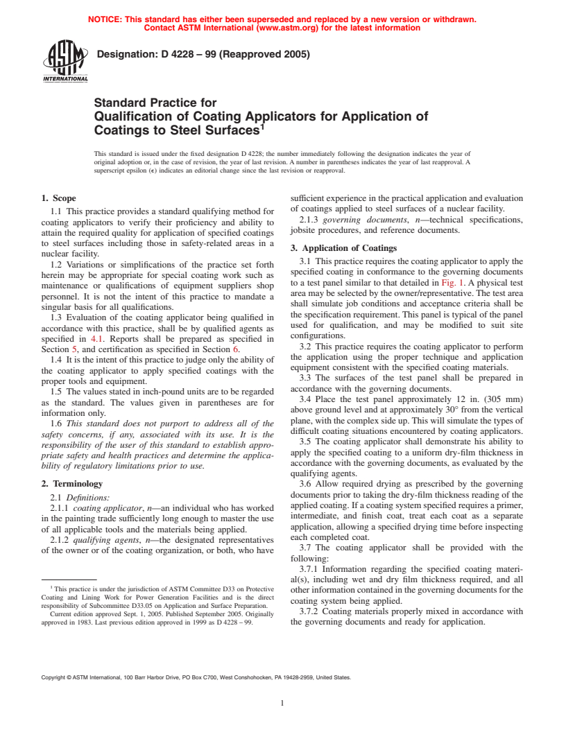 ASTM D4228-99(2005) - Standard Practice for Qualification of Coating Applicators for Application of Coatings to Steel Surfaces