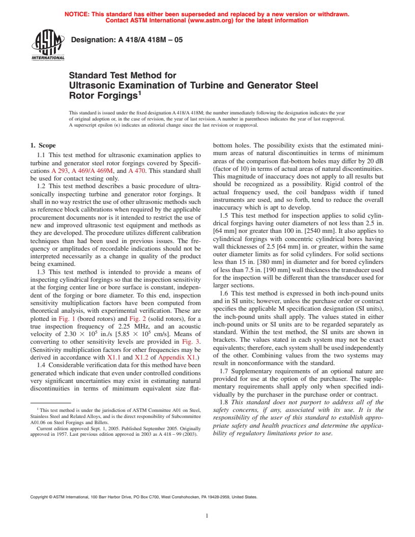 ASTM A418/A418M-05 - Standard Test Method for Ultrasonic Examination of Turbine and Generator Steel Rotor Forgings