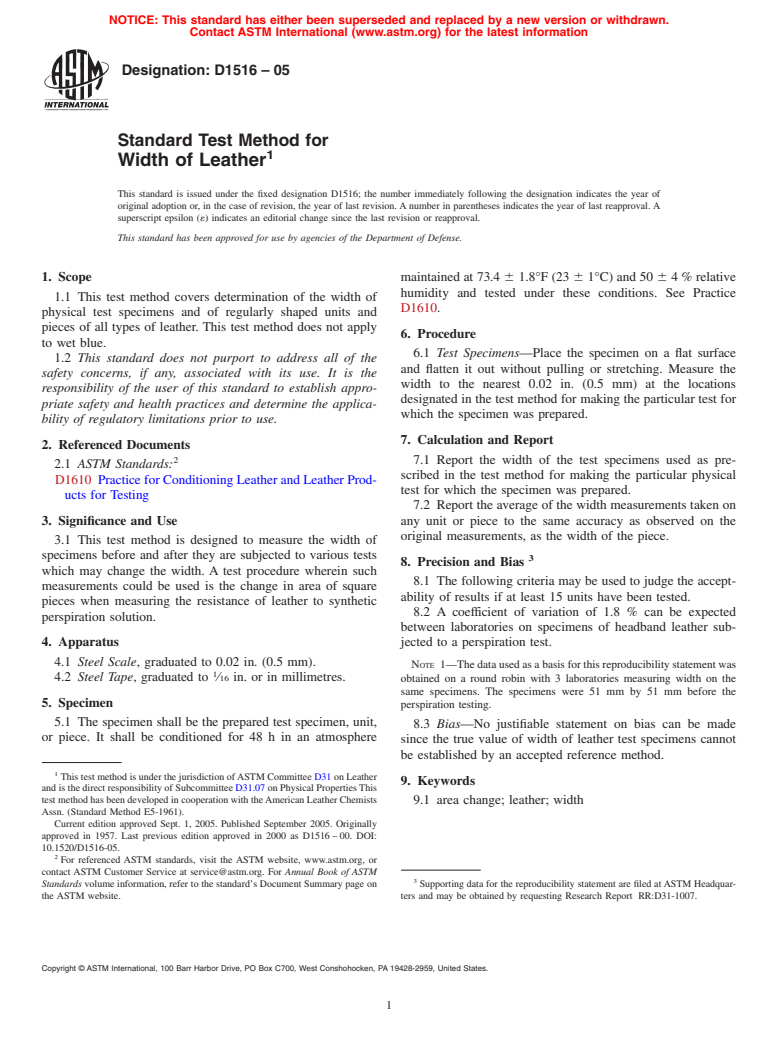 ASTM D1516-05 - Standard Test Method for Width of Leather