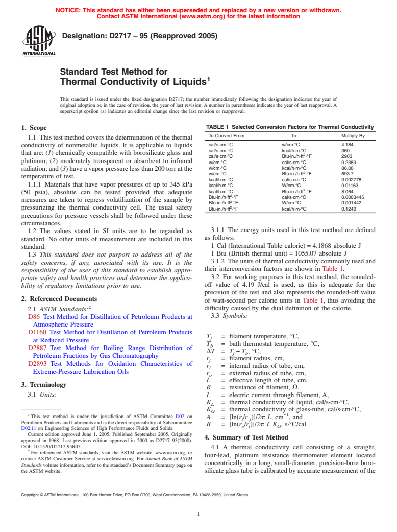 ASTM D2717-95(2005) - Standard Test Method for Thermal Conductivity of Liquids