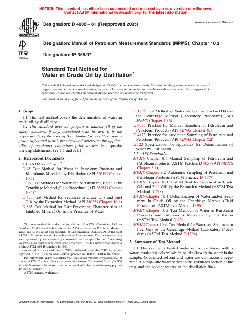 ASTM D4006-81(2005) - Standard Test Method for Water in Crude Oil by Distillation