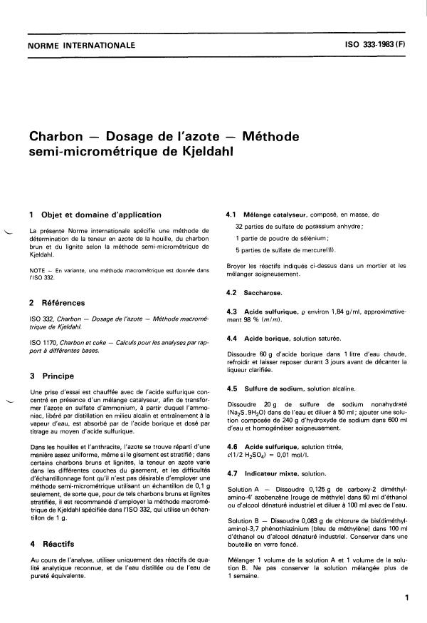 ISO 333:1983 - Charbon -- Dosage de l'azote -- Méthode semi-micrométrique de Kjeldahl