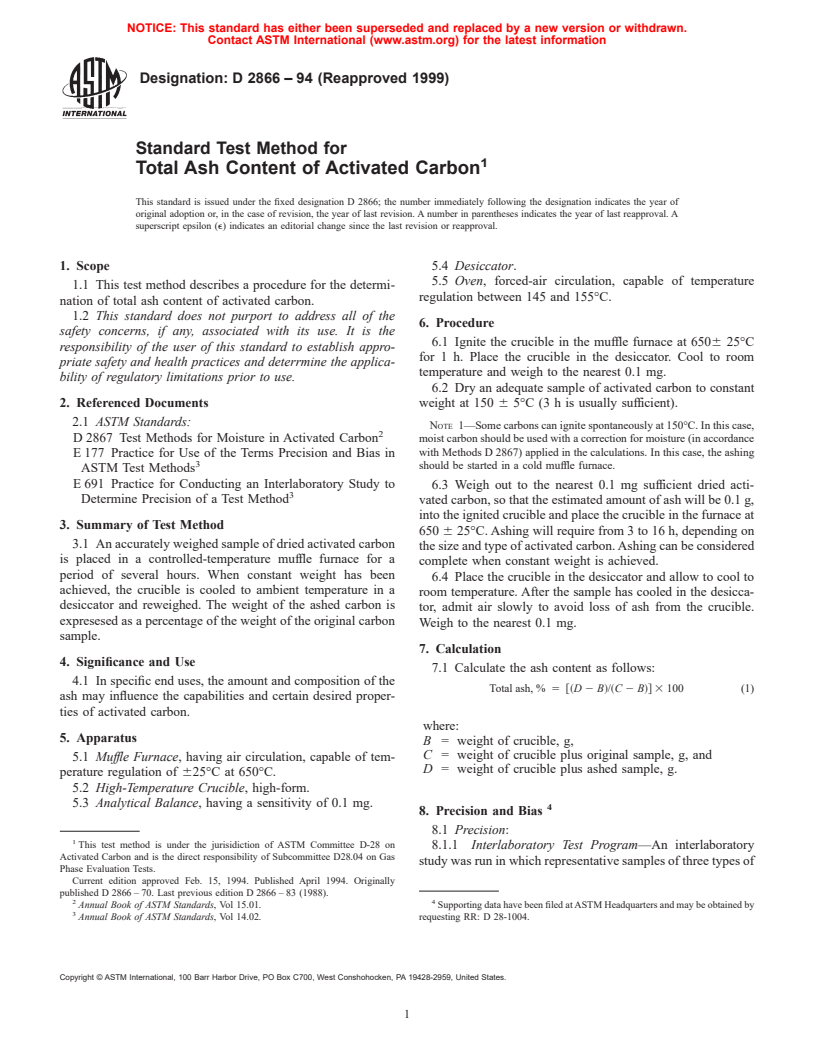 ASTM D2866-94(1999) - Standard Test Method for Total Ash Content of Activated Carbon