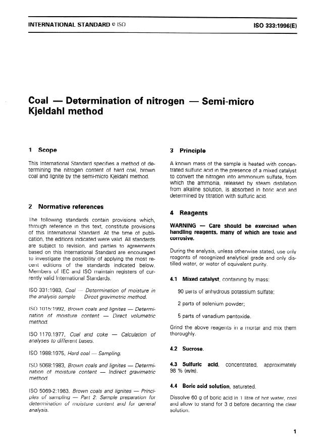 ISO 333:1996 - Coal -- Determination of nitrogen -- Semi-micro Kjeldahl method