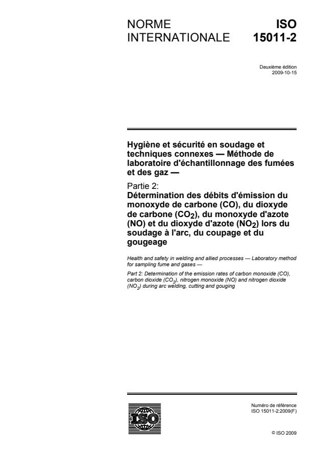 ISO 15011-2:2009 - Hygiene et sécurité en soudage et techniques connexes -- Méthode de laboratoire d'échantillonnage des fumées et des gaz