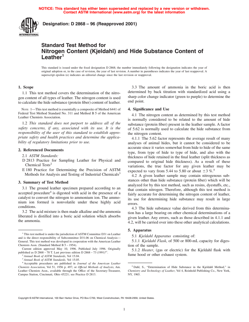 ASTM D2868-96(2001) - Standard Test Method for Nitrogen Content (Kjeldahl) and Hide Substance Content of Leather