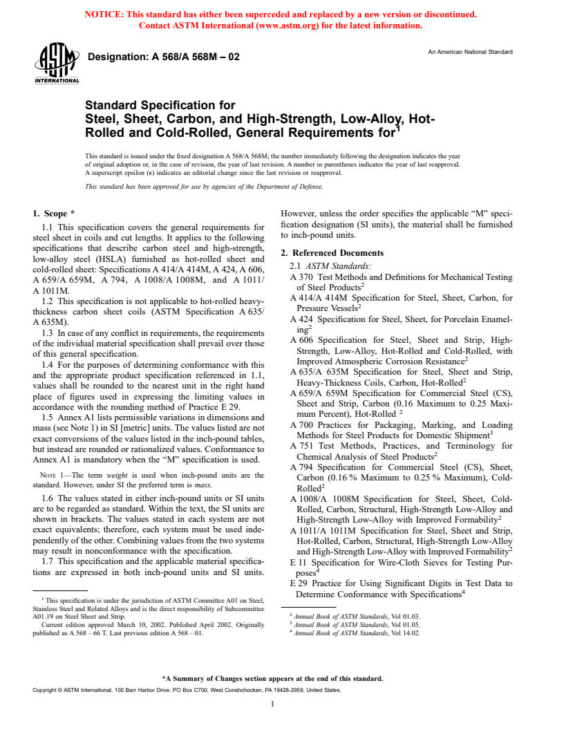 ASTM A568/A568M-02 - Standard Specification for Steel, Sheet, Carbon, and High-Strength, Low-Alloy, Hot-Rolled and Cold-Rolled, General Requirements for